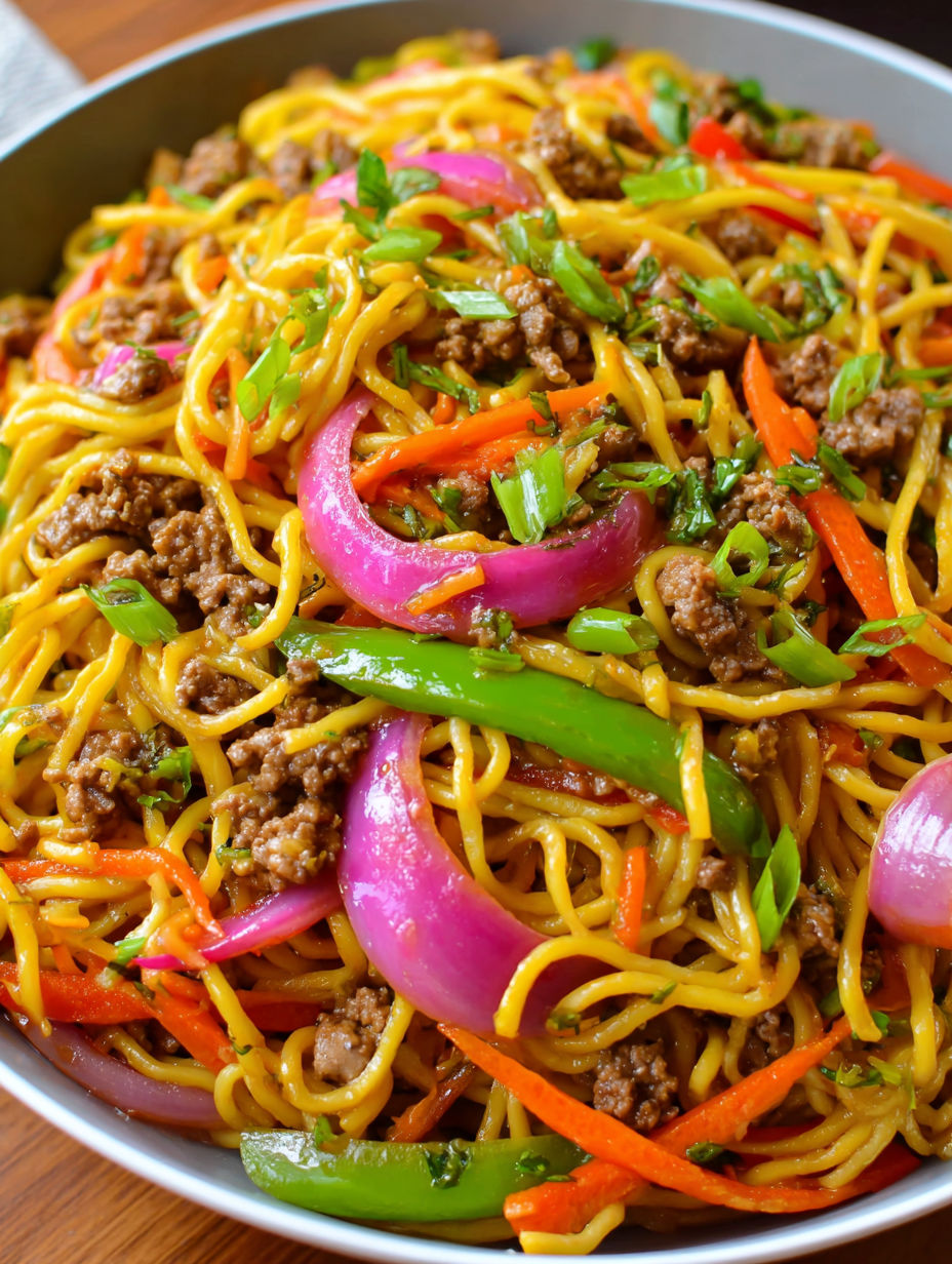 A bowl of savory ground beef lo mein.