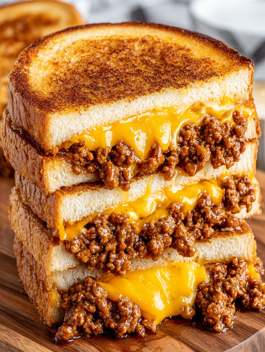 A grilled cheese sandwich with sloppy joe in the middle.