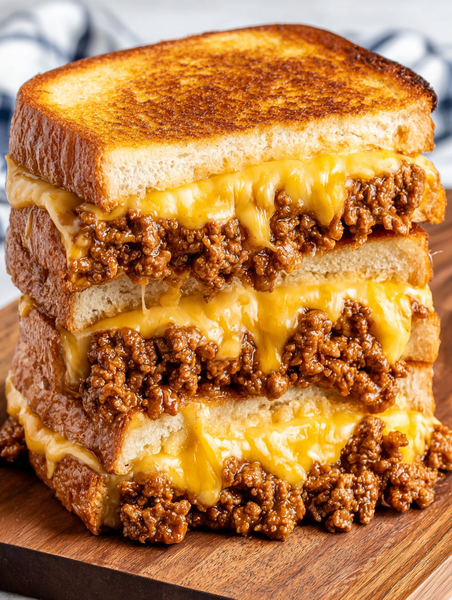 A stack of grilled cheese sandwiches with sloppy joe filling.