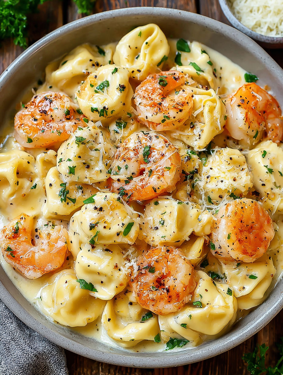 A bowl of pasta with shrimp and cheese.