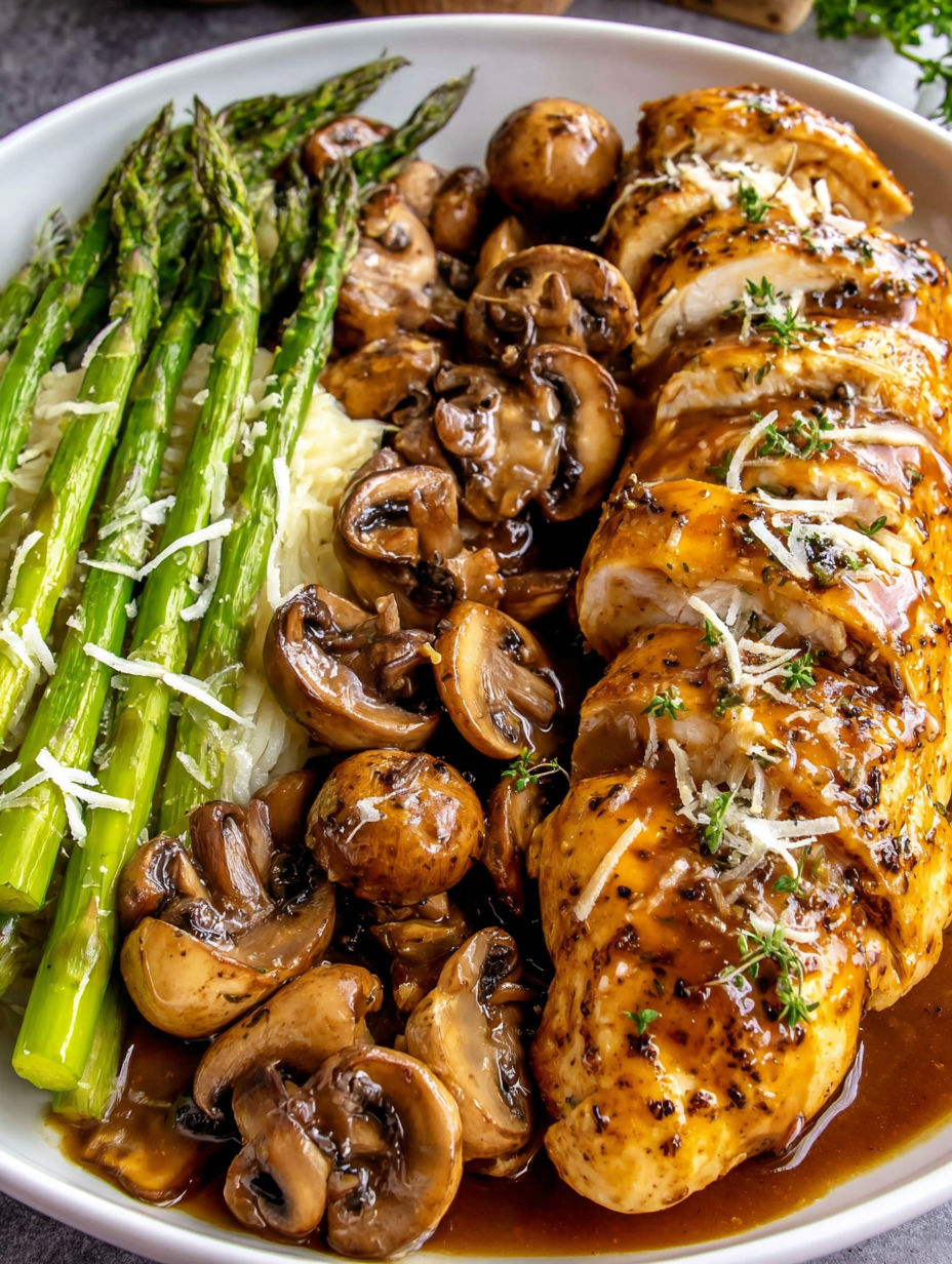 A plate of food with chicken, mushrooms and asparagus.
