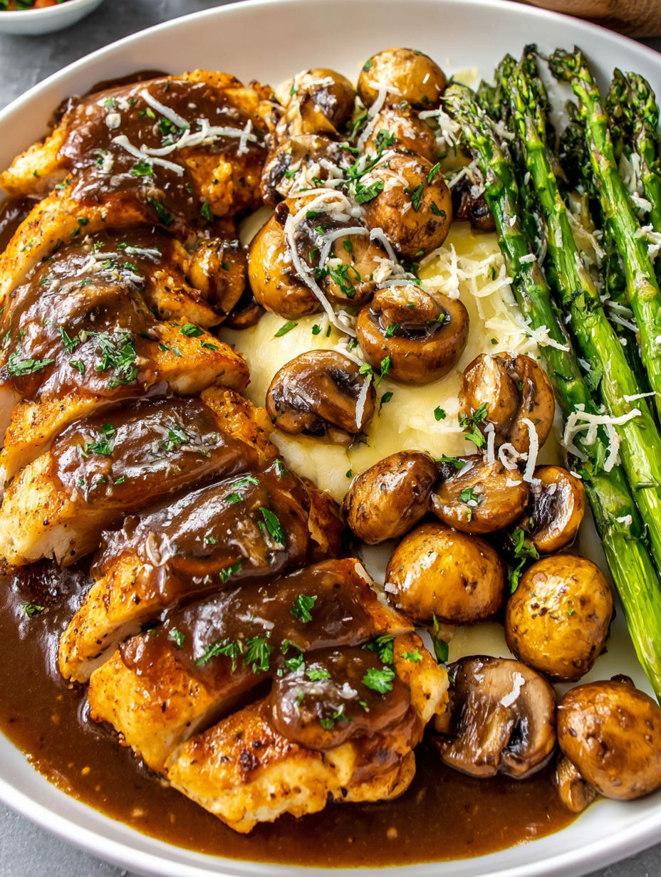 A plate of chicken Madeira with mushrooms.
