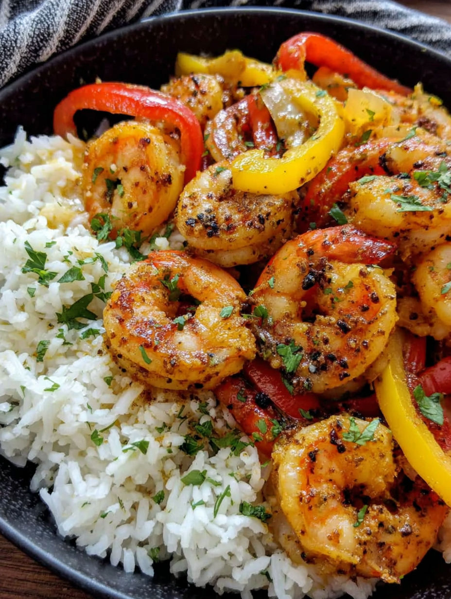 A bowl of shrimp and peppers cooked in an air fryer.