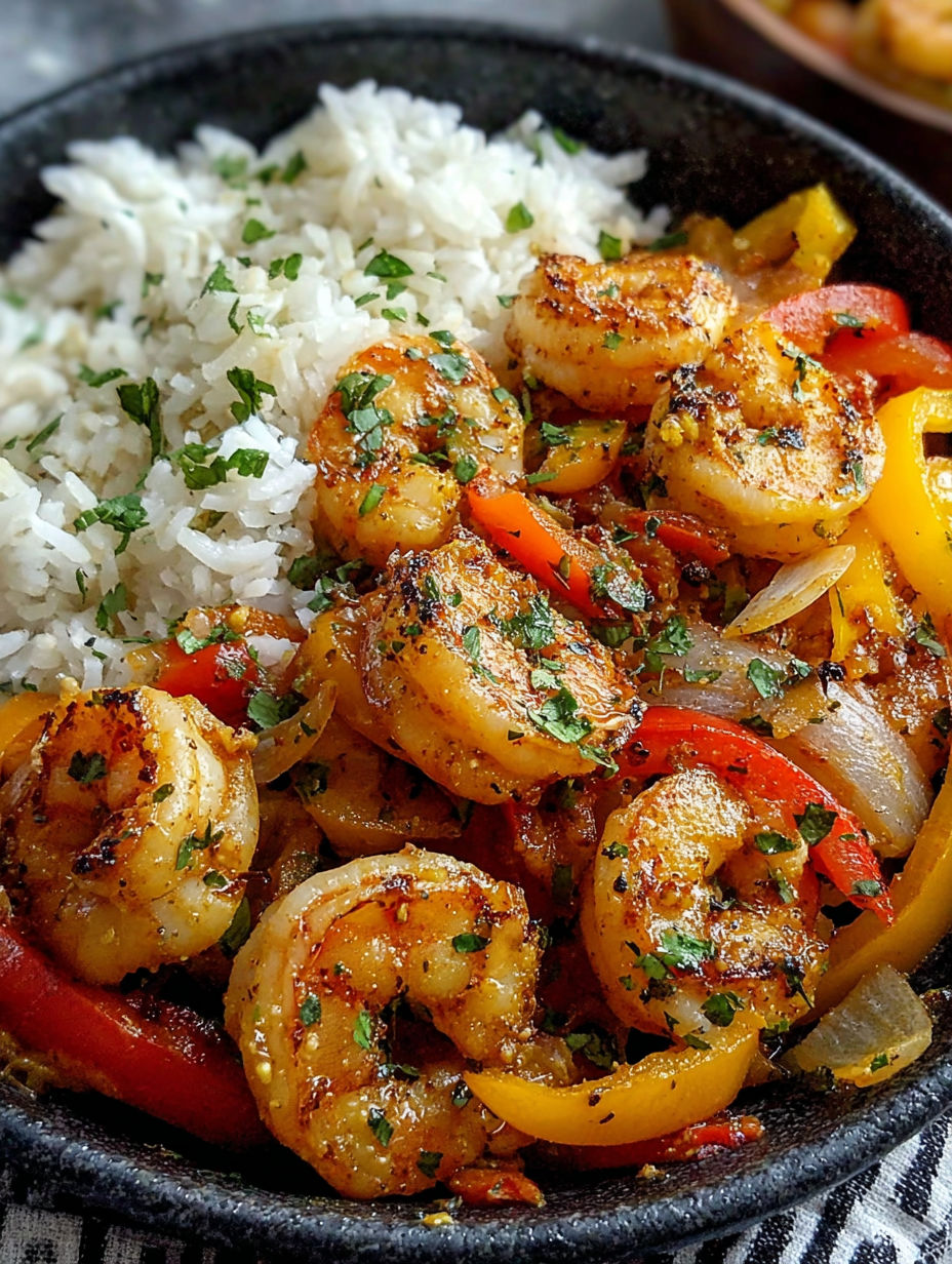 A bowl of shrimp and peppers with rice.