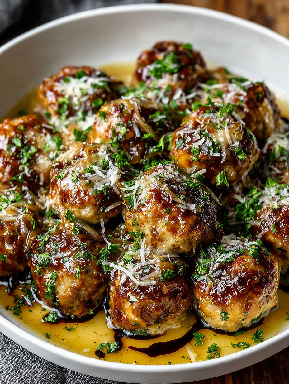 French onion meatballs delight.