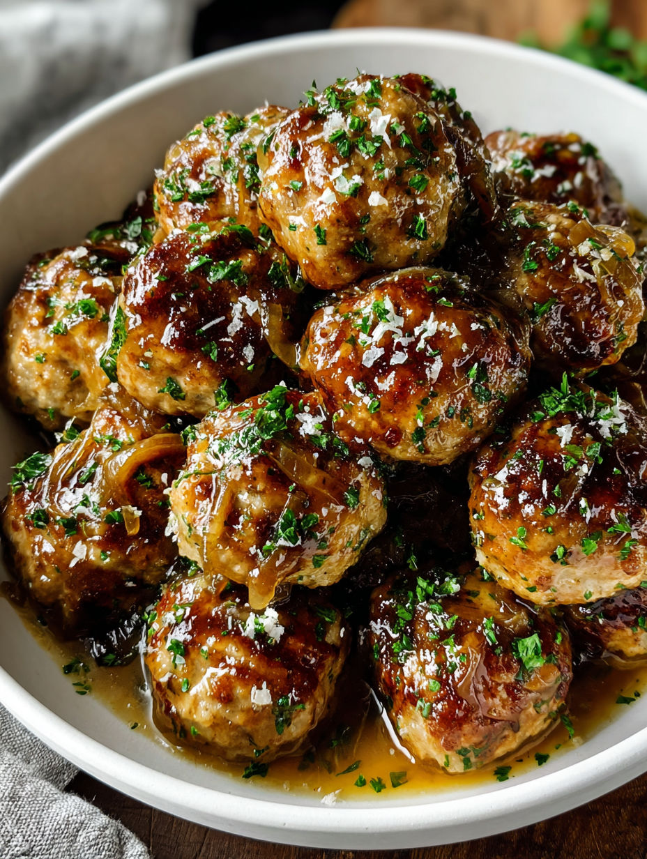 A bowl of French Onion Meatballs Delight.