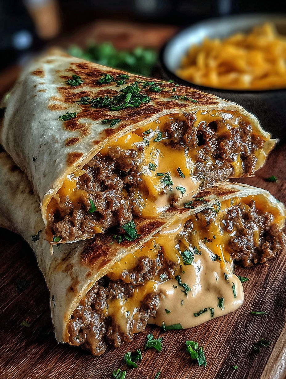 A delicious cheesy ground beef wrap.