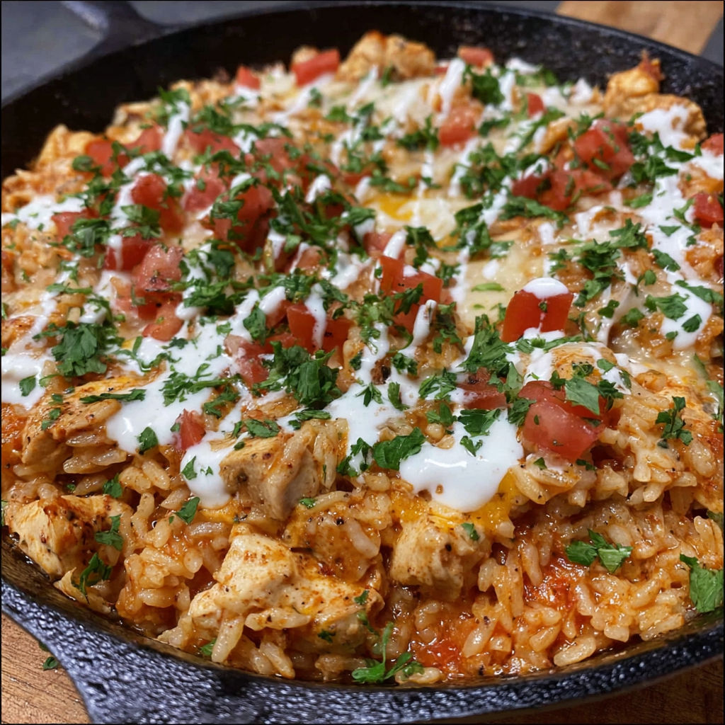 A skillet filled with chicken, cheese, and rice.