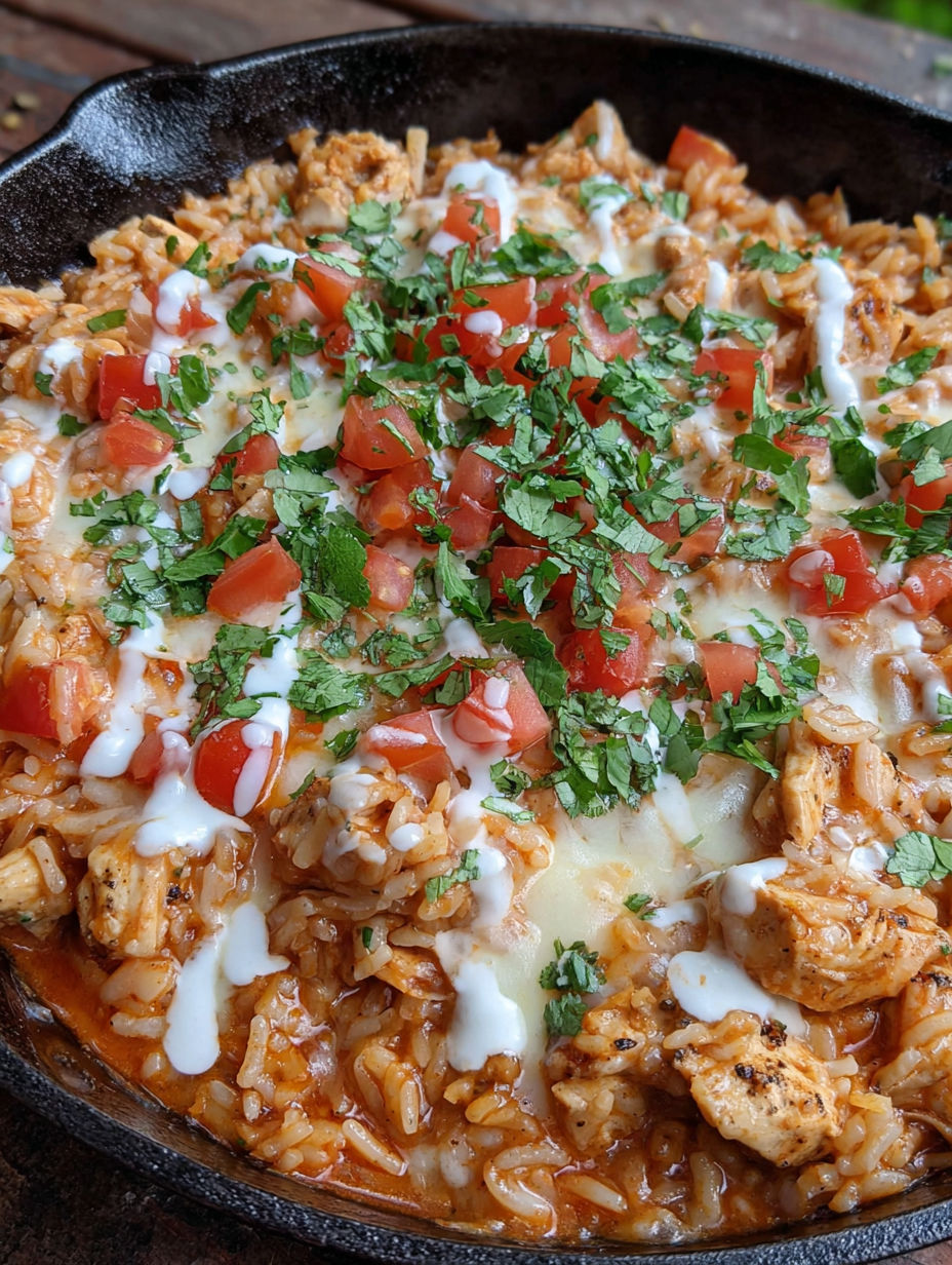 A skillet filled with rice, chicken, and cheese.