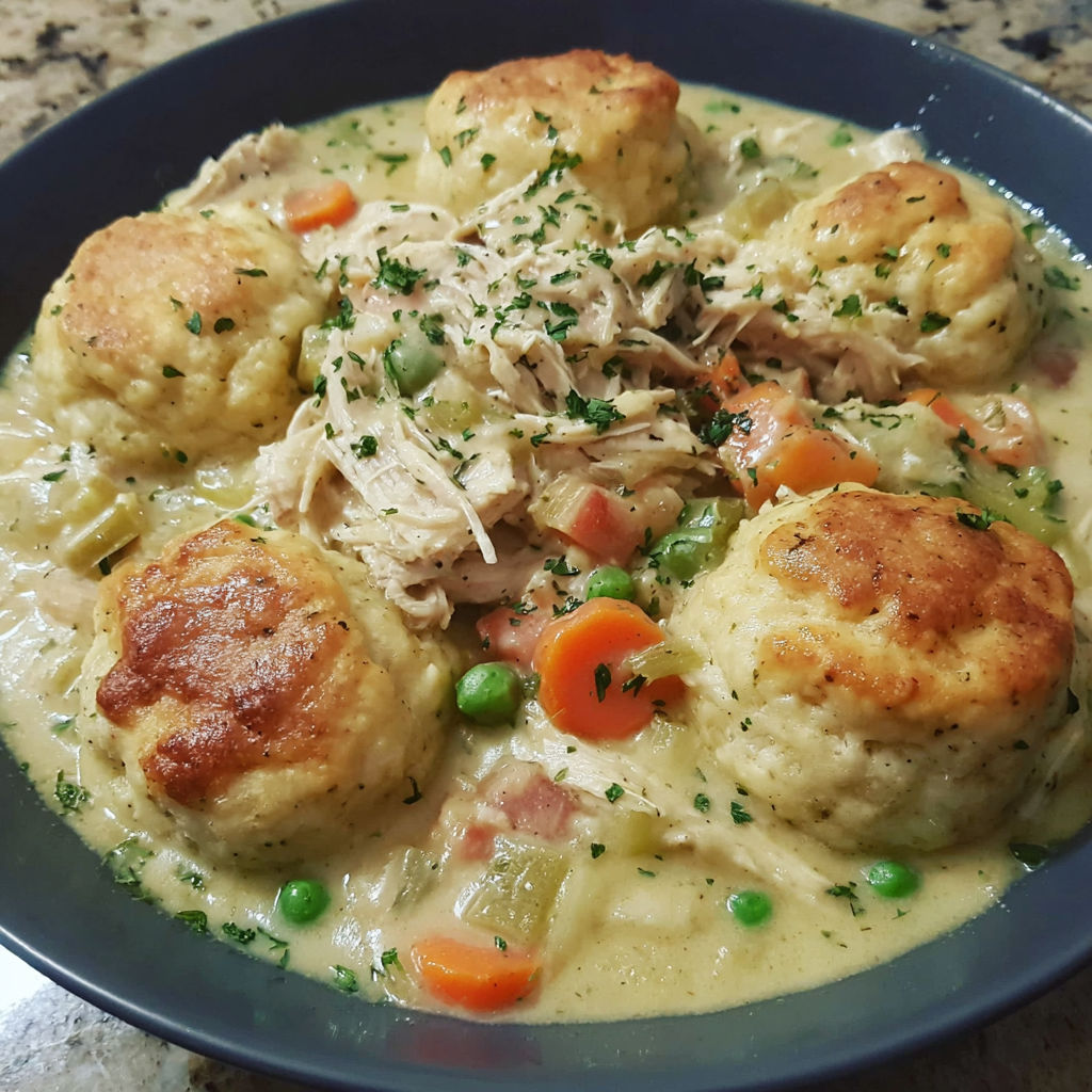 A bowl of chicken dumpling soup with biscuits.