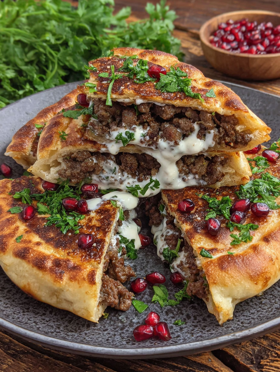 A stack of Arayes Lebanese Meat Stuffed Pita.