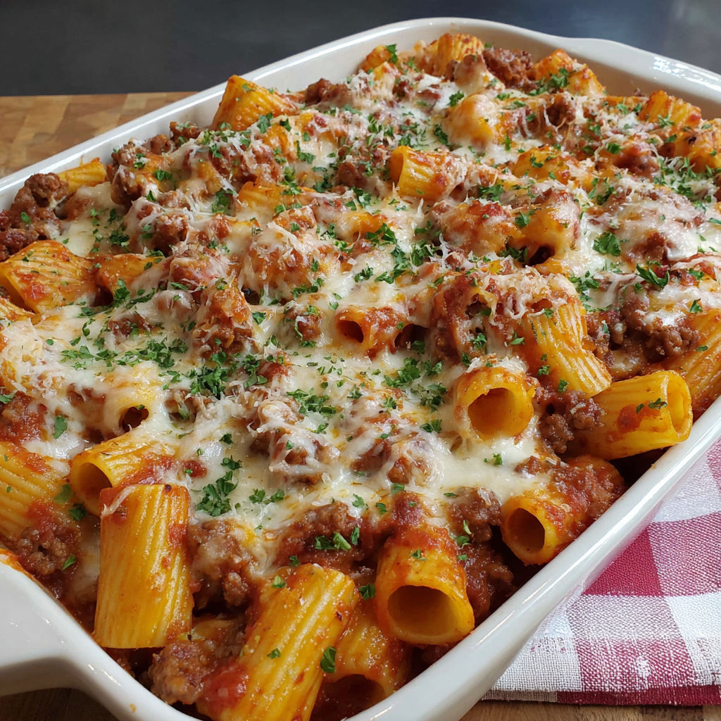 A cheesy baked rigatoni pasta dish.