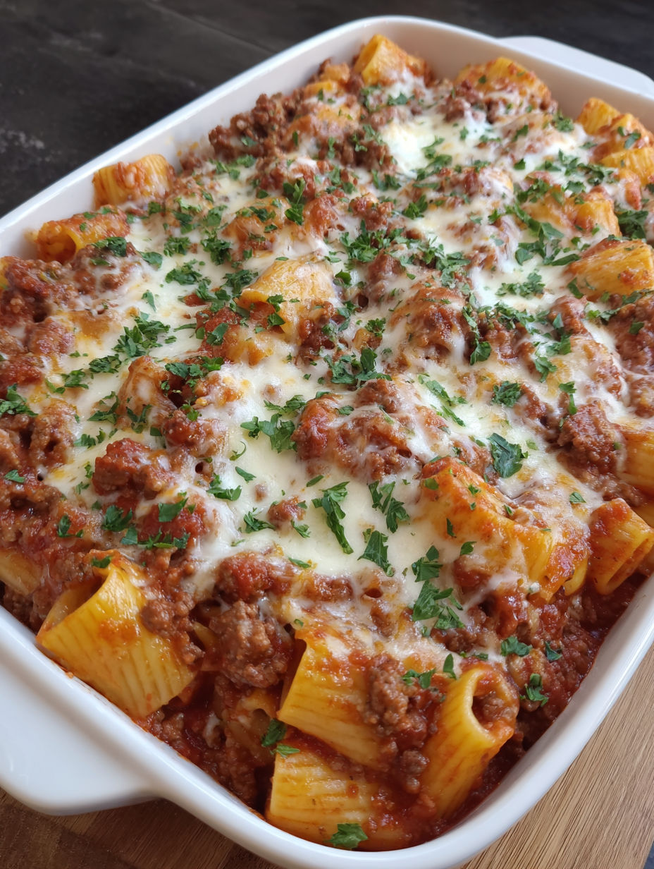 A baked pasta dish with rigatoni and cheese.