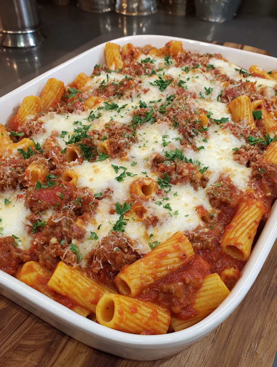 A cheesy baked rigatoni pasta dish.