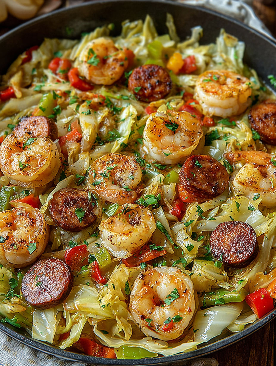 A skillet with shrimp, sausage, and cabbage.