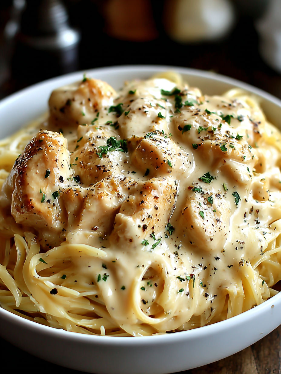 A bowl of chicken and noodles.