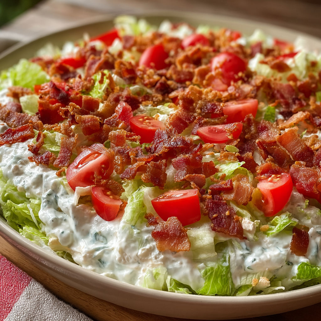 A BLT salad with bacon, lettuce, and tomato.