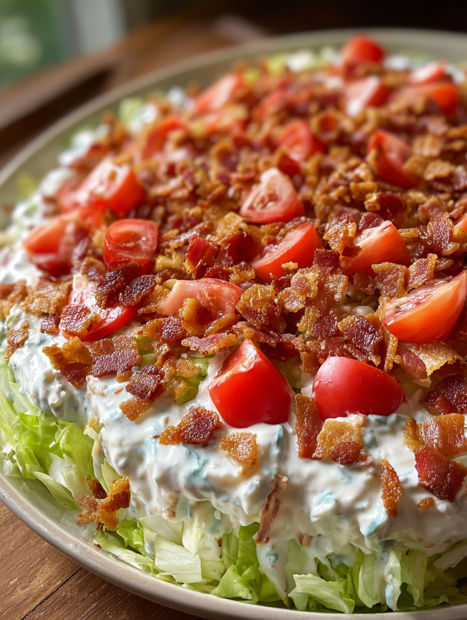 A BLT salad with bacon, lettuce, and tomato.