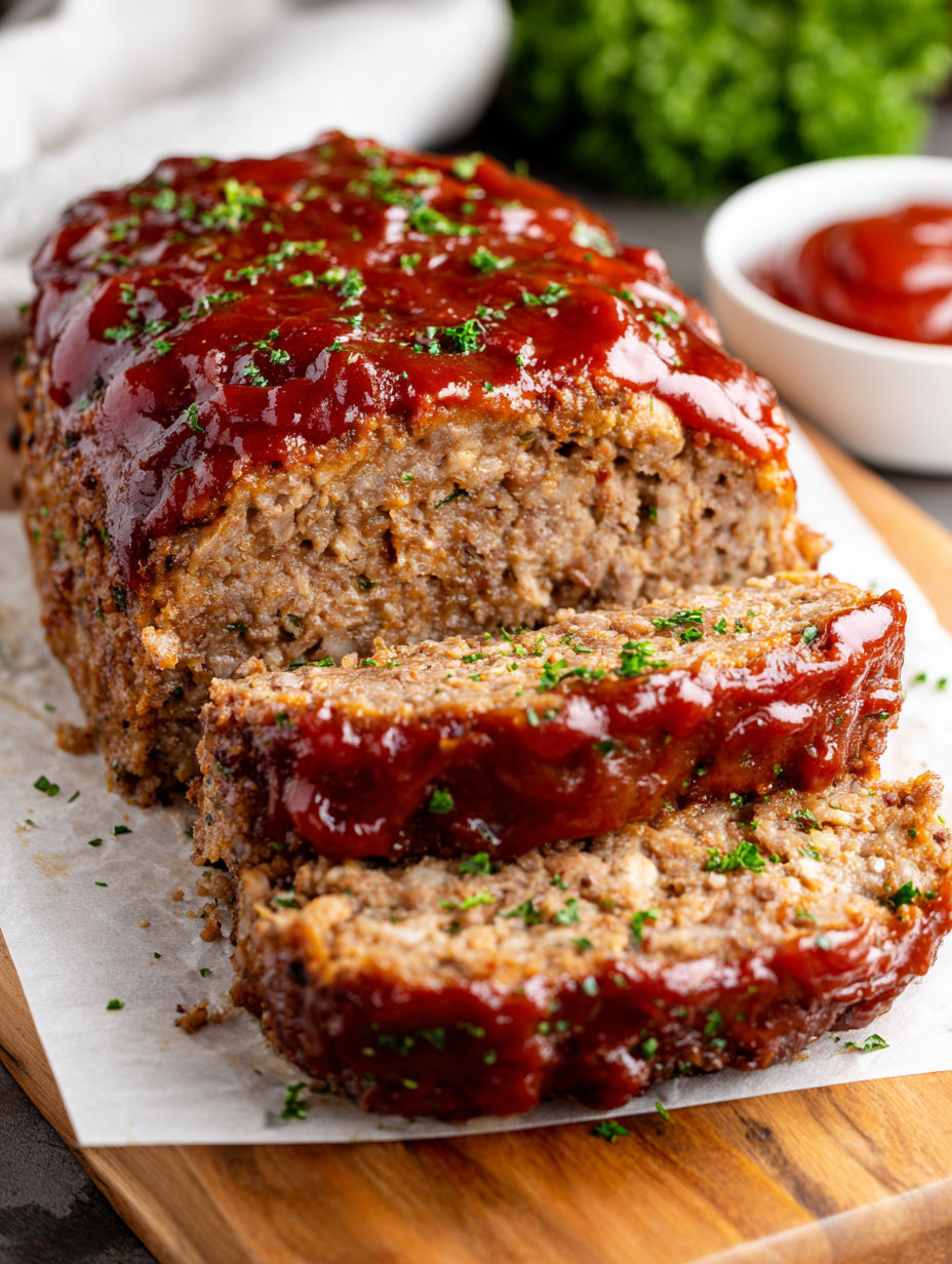 A slice of meatloaf with a sweet glaze.