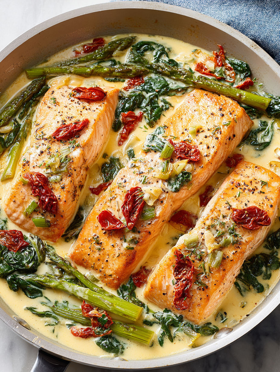 A dish of salmon with red peppers and greens.
