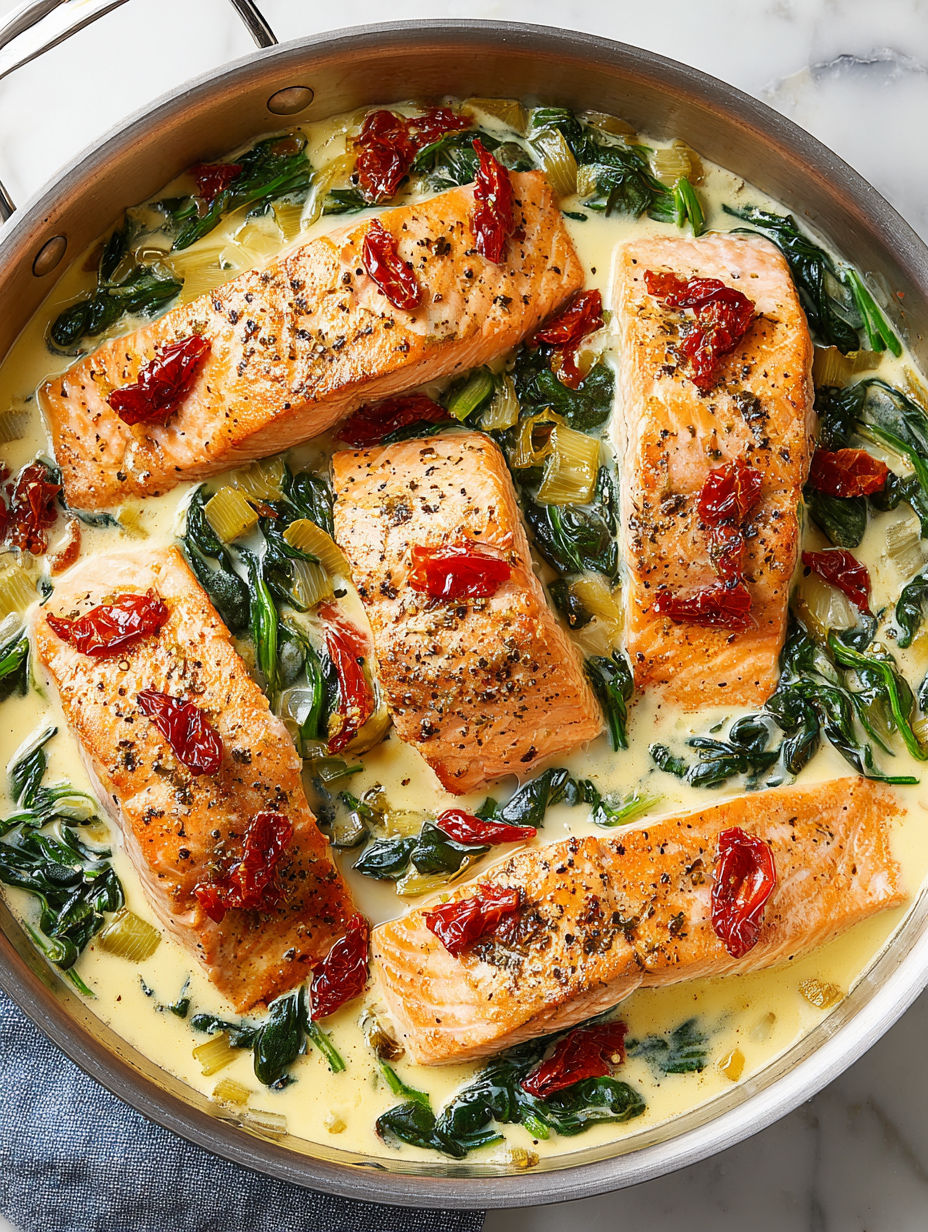 A pan of salmon with red peppers and greens.