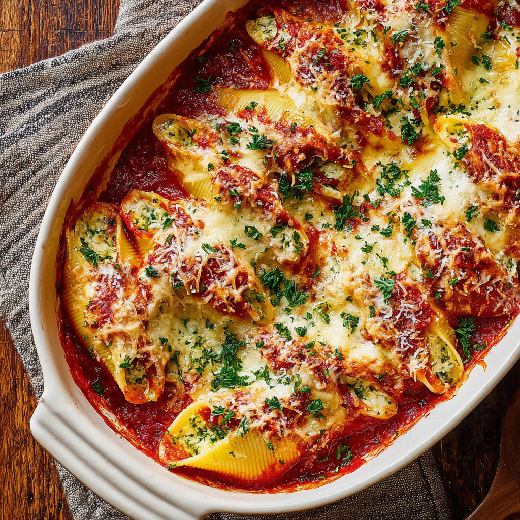 A dish of cheesy stuffed pasta shells.