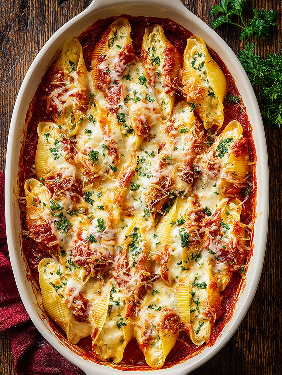 A dish of cheesy stuffed pasta shells.