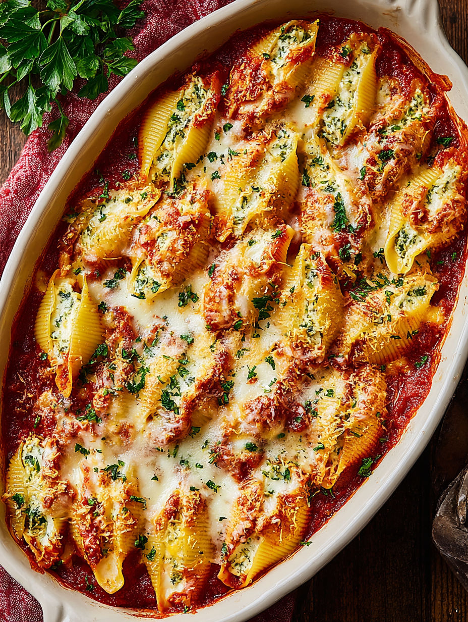 A dish of cheesy stuffed pasta shells.