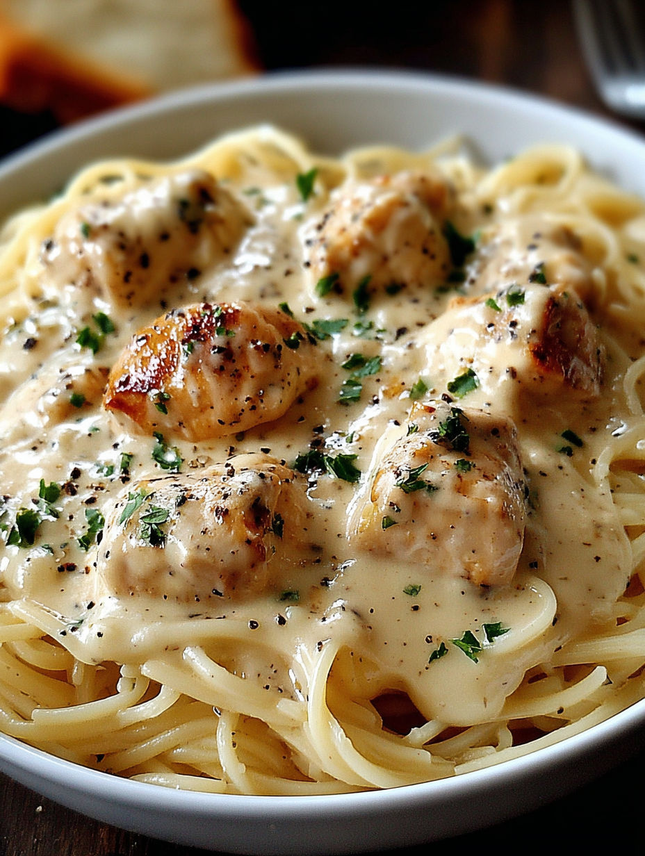 A bowl of pasta with chicken and cheese.