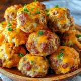 A plate of sausage balls covered in cheese.