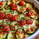 A cheesy zucchini bake in a white bowl.