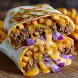 A cheeseburger burrito with onions and cheese.