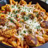 A dish of chicken parmesan pasta.