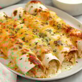 A white plate with two chicken enchiladas on it.