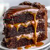 A slice of moist chocolate caramel cake.