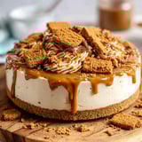 A slice of Biscoff cheesecake on a wooden cutting board.