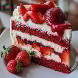 A slice of red velvet strawberry cheesecake.