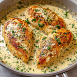 A skillet with garlic Parmesan chicken.