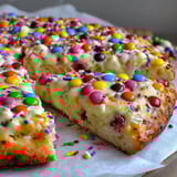 A slice of white chocolate brownie pizza.