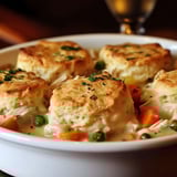 A bowl of food with biscuits and chicken.