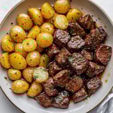 A plate of steak and potatoes with garlic butter.