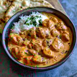 A bowl of butter chicken with rice and green onions.