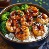 A bowl of shrimp with sauce and broccoli.