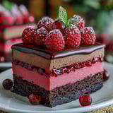 A slice of chocolate cake with raspberries on top.
