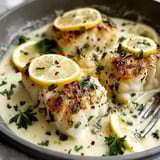 A plate of fish with lemon and herbs.
