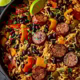 A hearty black beans and rice dish with sausage.