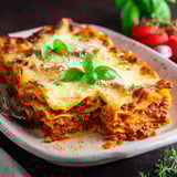 A plate of lasagna with green leaves on top.
