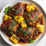A plate of chicken with pineapple and herbs.