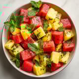 A bowl of watermelon, pineapple, and mint salad.