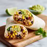 Two black bean and guacamole burritos on a wooden cutting board.